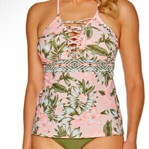 Time And Tru | Petal Pink & Green Palm Tankini Top Lace Up 2X Tropical Floral